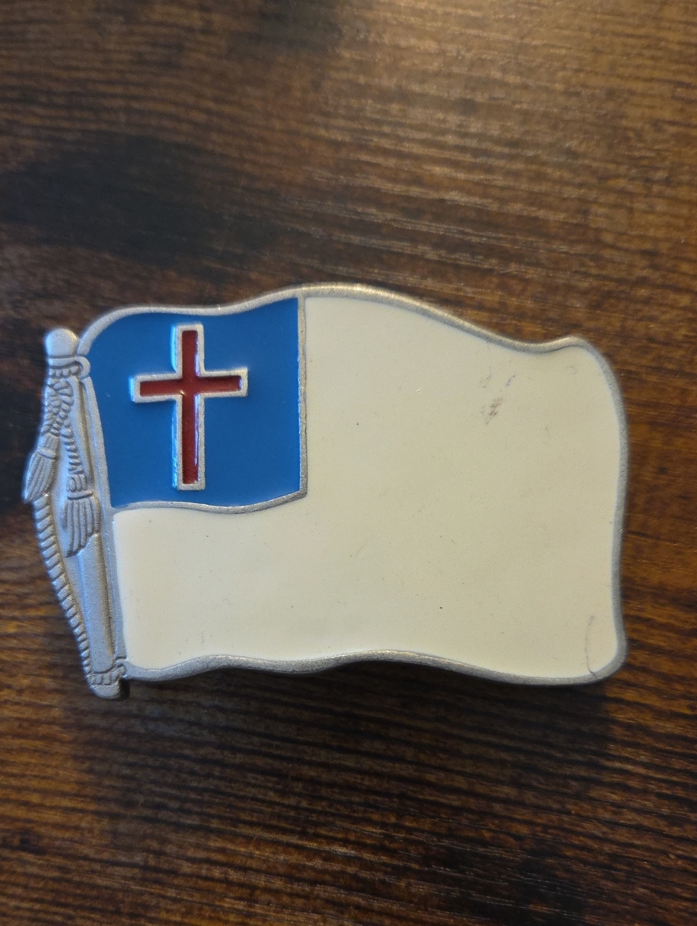 vintage enamel Christian Flag belt buckle.